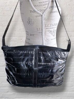 Vintage Genuine Eel Skin Leather Shoulder Bag Blue Exotic Korea Slouchy Hobo